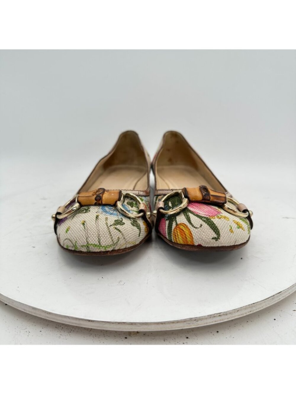 Gucci Women Size 6.5B Flora canvas ballet Leather Bamboo horsebit Flat Shoes - Picture 3 of 11